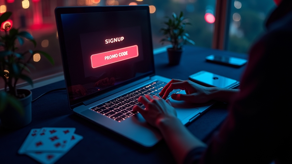Player entering a promo code at a glowing casino signup screen
