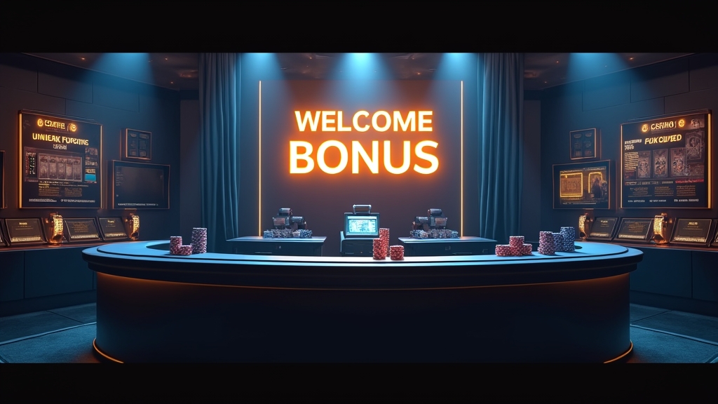 Glowing casino welcome bonus display with chips and slot reels in a dark interior
