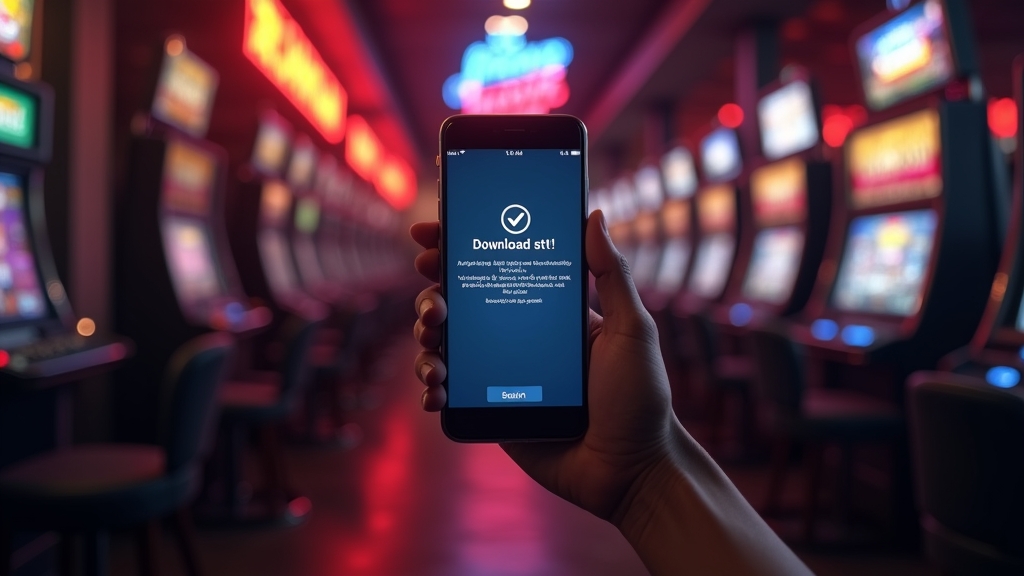 Smartphone screen showing a safe download warning inside a dark casino setting