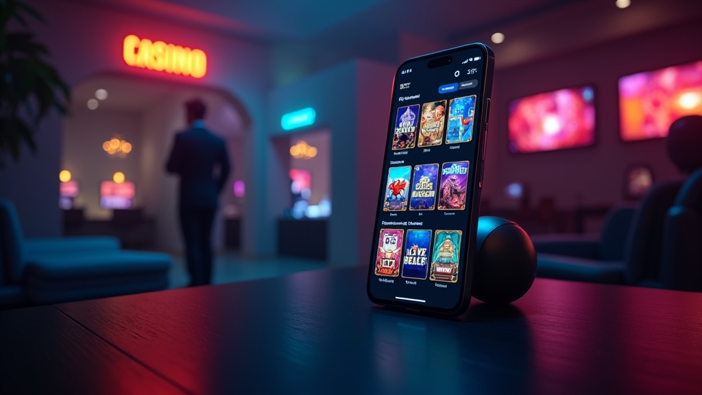Smartphone showing a clean casino lobby with game tiles and menu icons