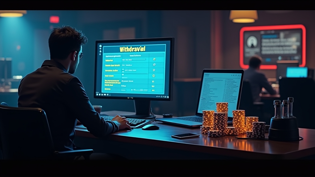 Withdrawal verification scene with documents and a pending payout screen